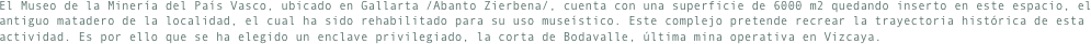El Museo de la Minería del País Vasco, ubicado en Gallarta /Abanto Zierbena/, cuenta con una superficie de 6000 m2 quedando inserto en este espacio, el antiguo matadero de la localidad, el cual ha sido rehabilitado para su uso museístico. Este complejo pretende recrear la trayectoria histórica de esta actividad. Es por ello que se ha elegido un enclave privilegiado, la corta de Bodavalle, última mina operativa en Vizcaya.