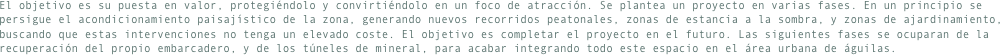 El objetivo es su puesta en valor, protegiéndolo y convirtiéndolo en un foco de atracción. Se plantea un proyecto en varias fases. En un principio se persigue el acondicionamiento paisajístico de la zona, generando nuevos recorridos peatonales, zonas de estancia a la sombra, y zonas de ajardinamiento, buscando que estas intervenciones no tenga un elevado coste. El objetivo es completar el proyecto en el futuro. Las siguientes fases se ocuparan de la recuperación del propio embarcadero, y de los túneles de mineral, para acabar integrando todo este espacio en el área urbana de águilas.