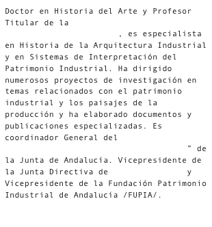 Doctor en Historia del Arte y Profesor Titular de la Escuela Técnica Superior de Arquitectura de Sevilla, es especialista en Historia de la Arquitectura Industrial y en Sistemas de Interpretación del Patrimonio Industrial. Ha dirigido numerosos proyectos de investigación en temas relacionados con el patrimonio industrial y los paisajes de la producción y ha elaborado documentos y publicaciones especializadas. Es coordinador General del Foro “Arquitectura Industrial en Andalucía” de la Junta de Andalucía. Vicepresidente de la Junta Directiva de TICCIH-España  y Vicepresidente de la Fundación Patrimonio Industrial de Andalucía /FUPIA/.