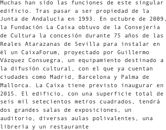 Muchas han sido las funciones de este singular edificio. Tras pasar a ser propiedad de la Junta de Andalucía en 1993. En octubre de 2009, la Fundación La Caixa obtuvo de la Consejería de Cultura la concesión durante 75 años de las Reales Atarazanas de Sevilla para instalar en él un CaixaForum, proyectado por Guillermo Vázquez Consuegra, un equipamiento destinado a la difusión cultural, con el que ya cuentan ciudades como Madrid, Barcelona y Palma de Mallorca. La Caixa tiene previsto inaugurar en 2015. El edificio, con una superficie total de seis mil setecientos metros cuadrados, tendrá dos grandes salas de exposiciones, un auditorio, diversas aulas polivalentes, una librería y un restaurante
