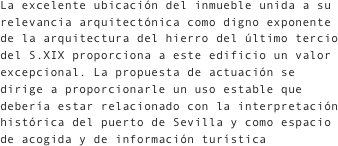 La excelente ubicación del inmueble unida a su relevancia arquitectónica como digno exponente de la arquitectura del hierro del último tercio del S.XIX proporciona a este edificio un valor excepcional. La propuesta de actuación se dirige a proporcionarle un uso estable que debería estar relacionado con la interpretación histórica del puerto de Sevilla y como espacio de acogida y de información turística